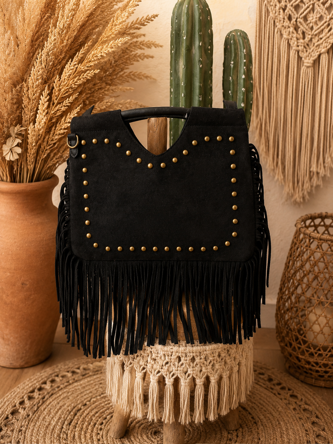 Sac bohème rivets franges noir