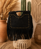 Sac bohème rivets franges noir