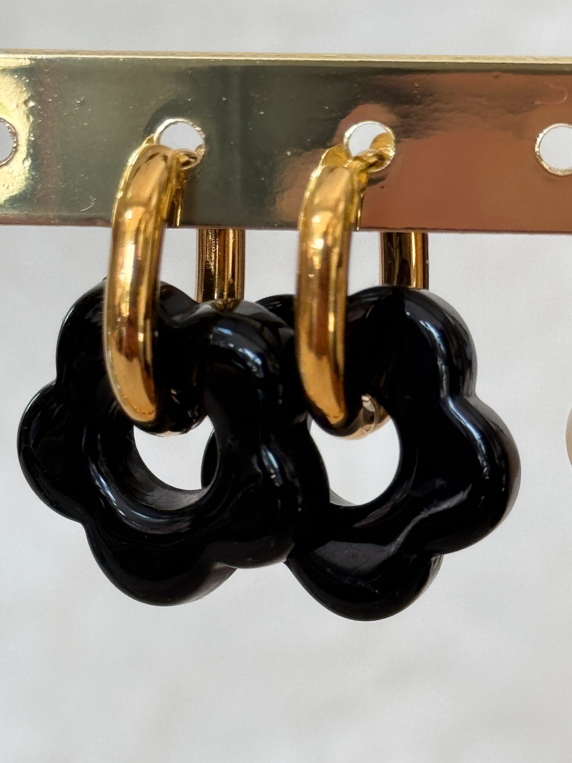 Boucles Acier inoxydable Fleurs Résine Noir