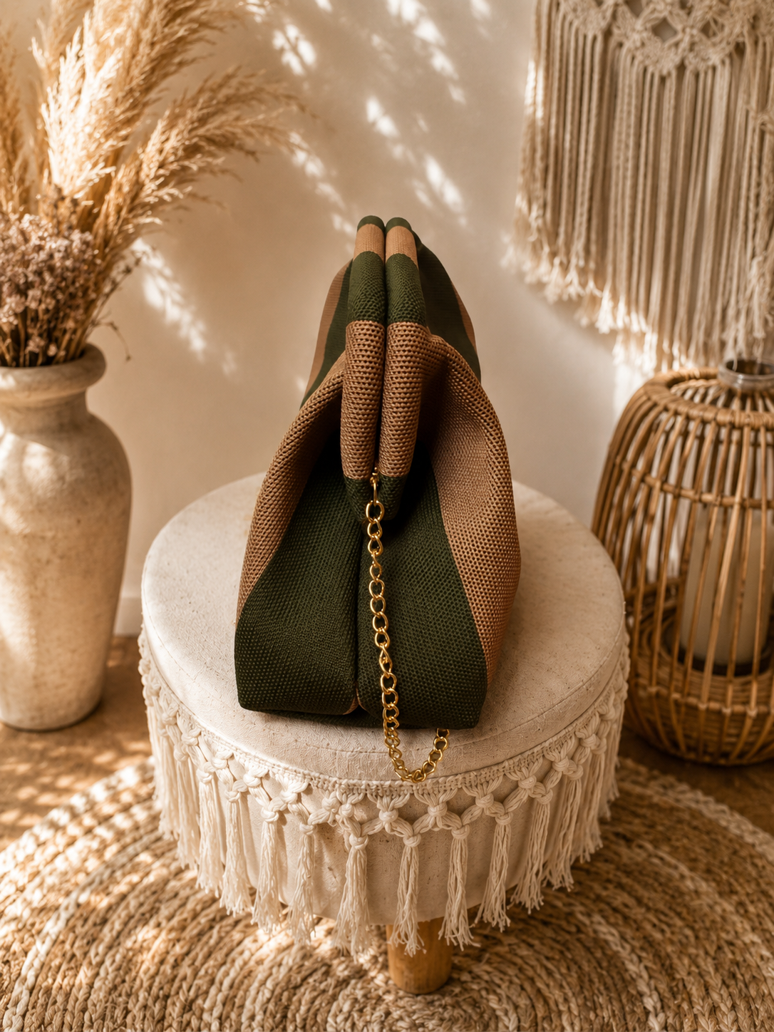Sac rayé kaki et beige