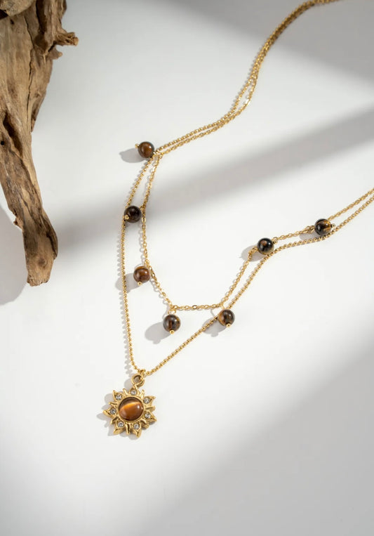 Collier solaire doré double rang œil de tigre protecteur