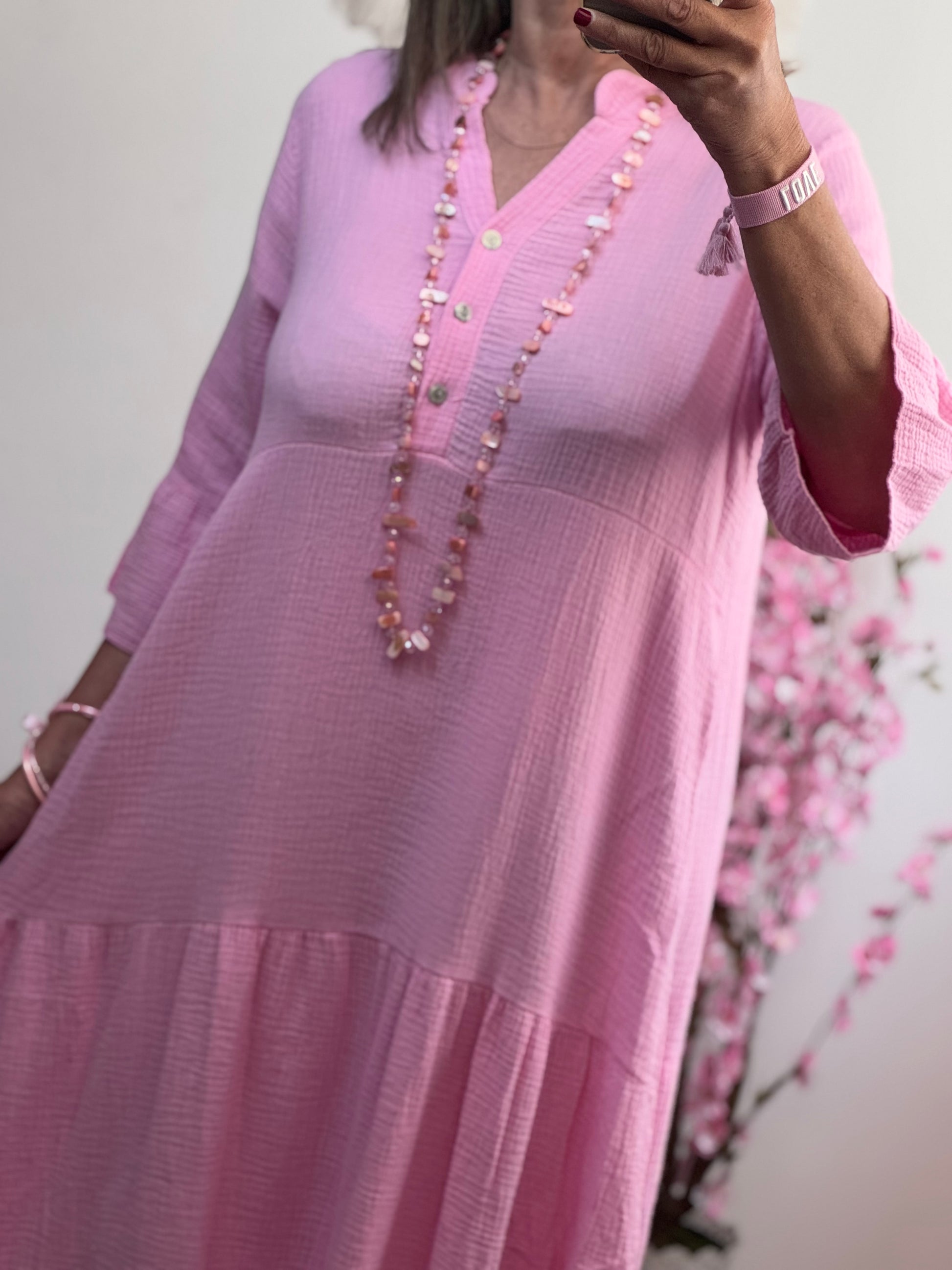 Robe longue gaz de coton rose bonbon