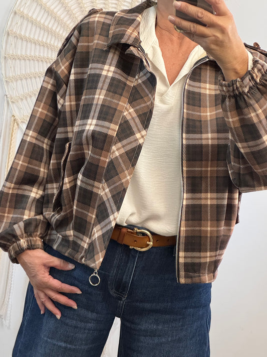 Blouson loose carreaux marron