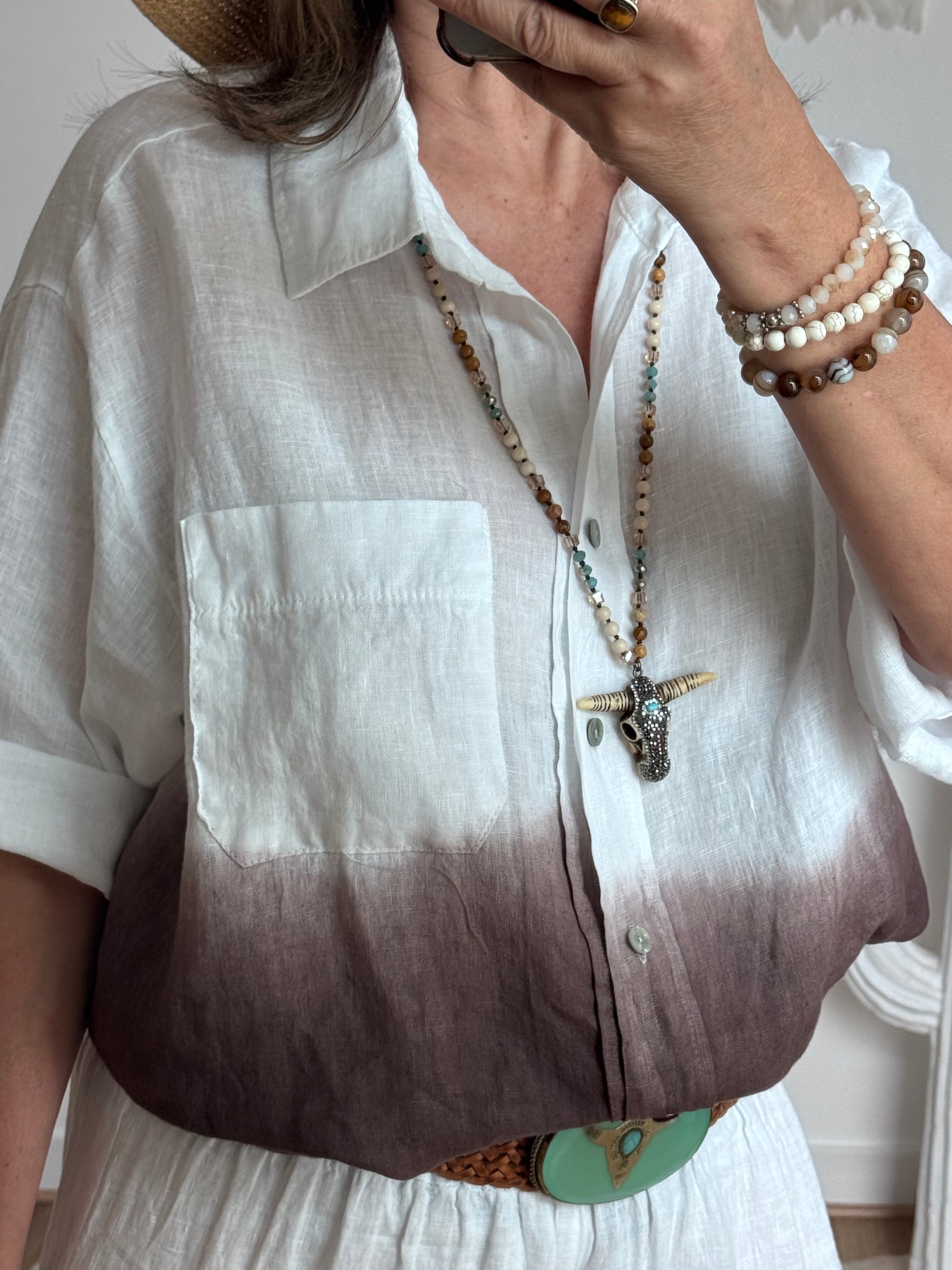 Chemise lin blanche et marron TU 38/48