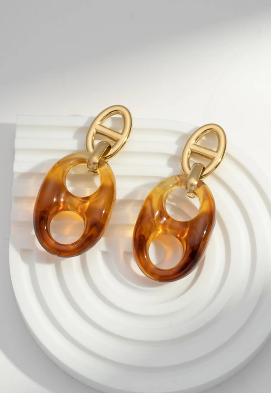 Boucles d’oreilles pendantes écaille ambre et maillon doré chic en acier inoxydable