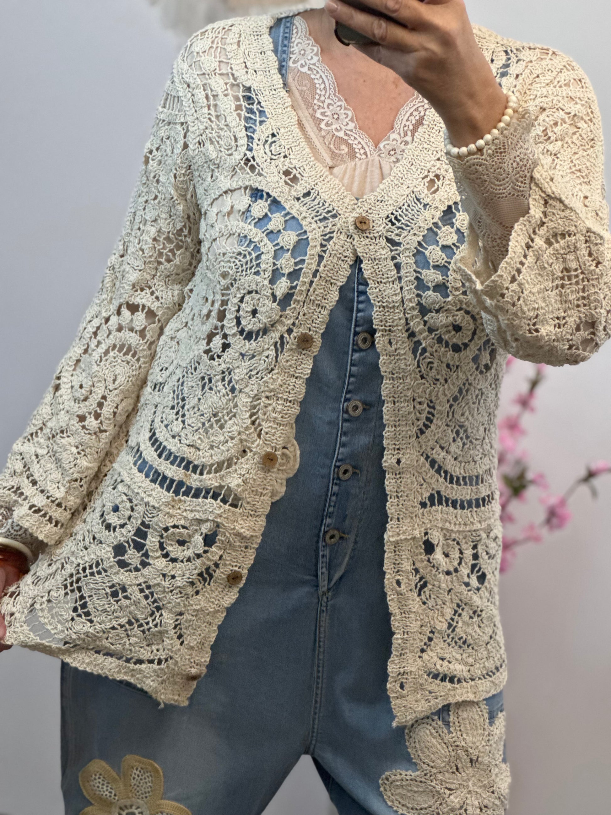 Gilet long crochet beige TU 38/44