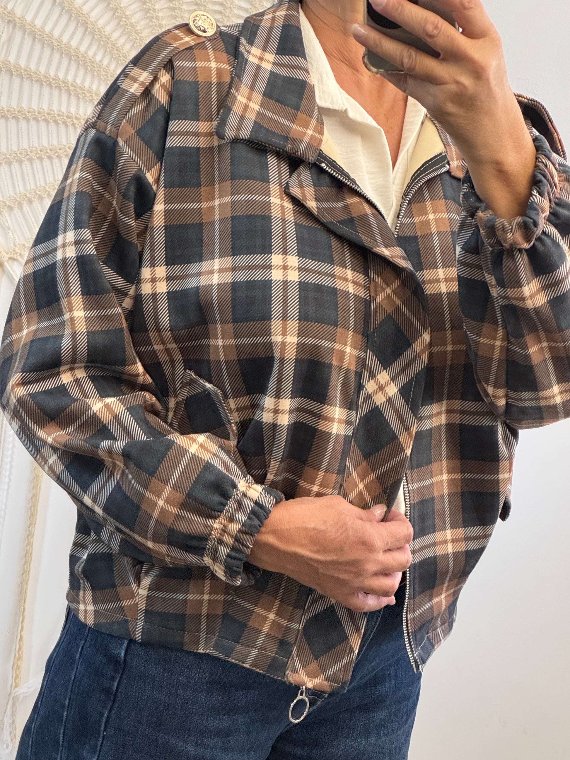 Blouson loose carreaux bleus