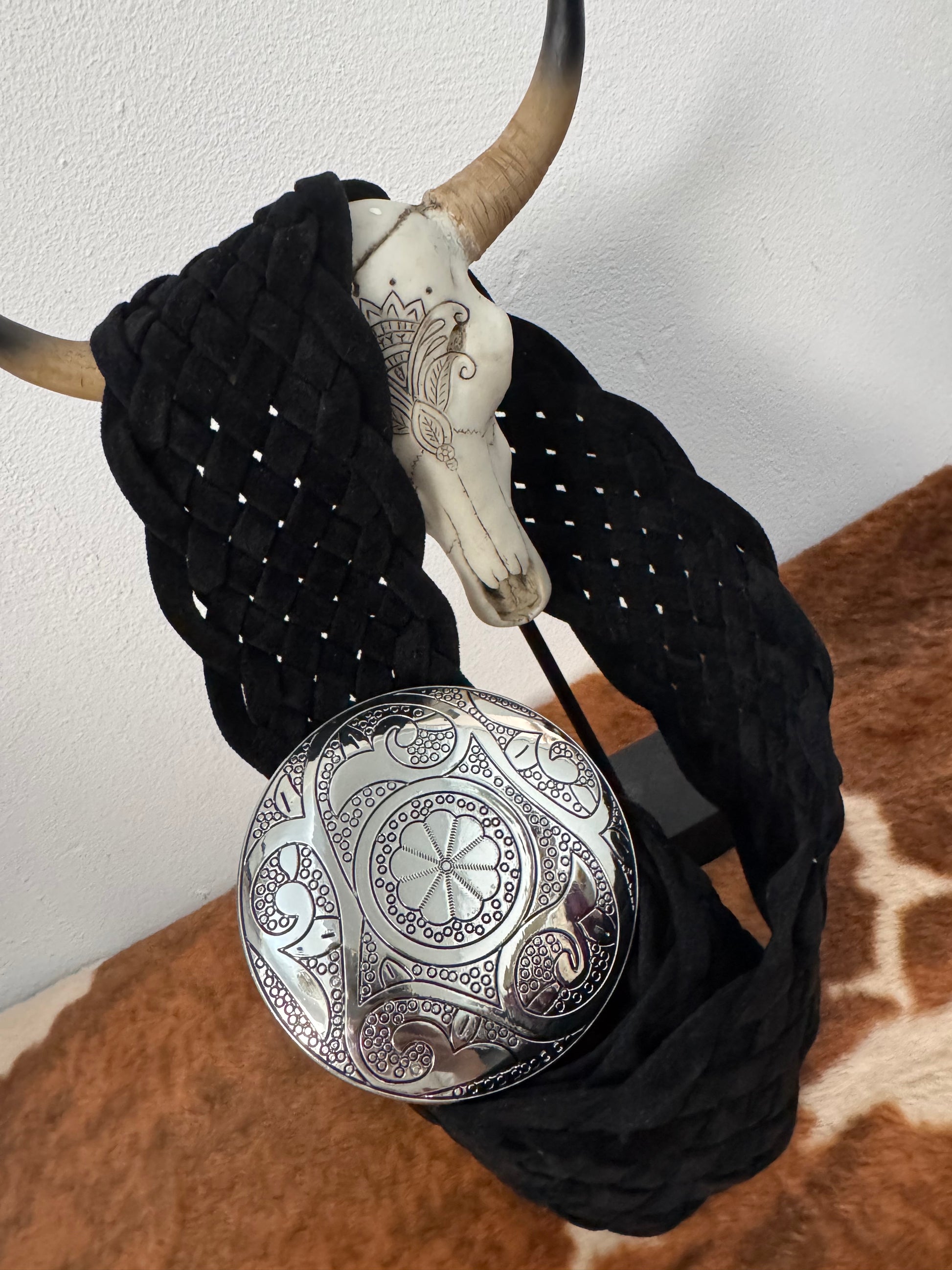 Ceinture bohème noire  boucle argentée