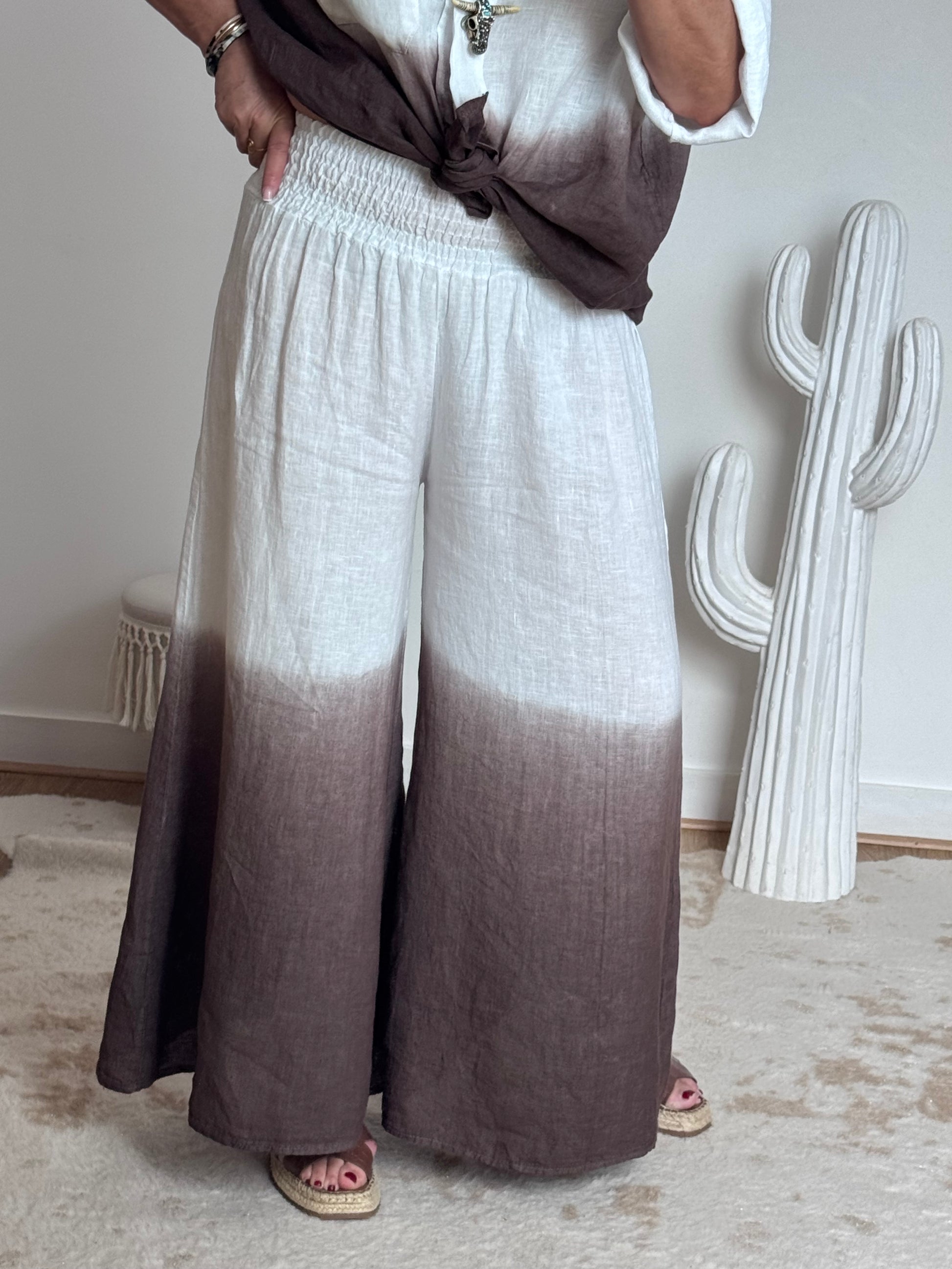 Pantalon palazzo Lin blanc et marron