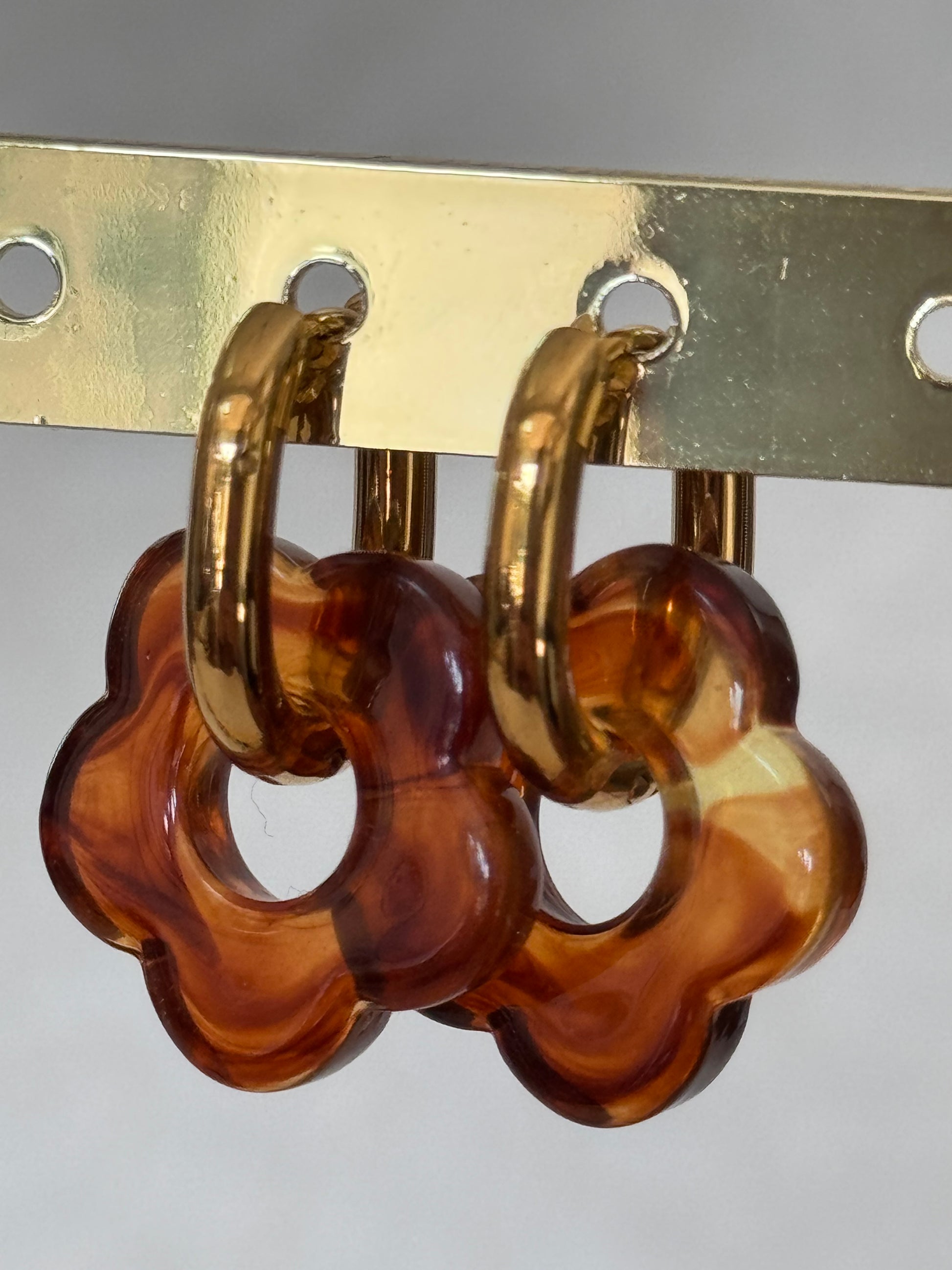 Boucles Acier inoxydable Fleurs Résine Brun