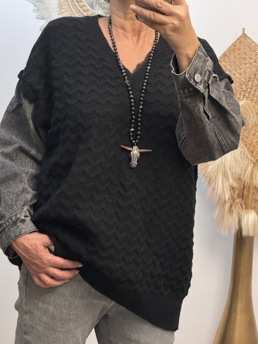 Pull noir manches jeans TU 44/50