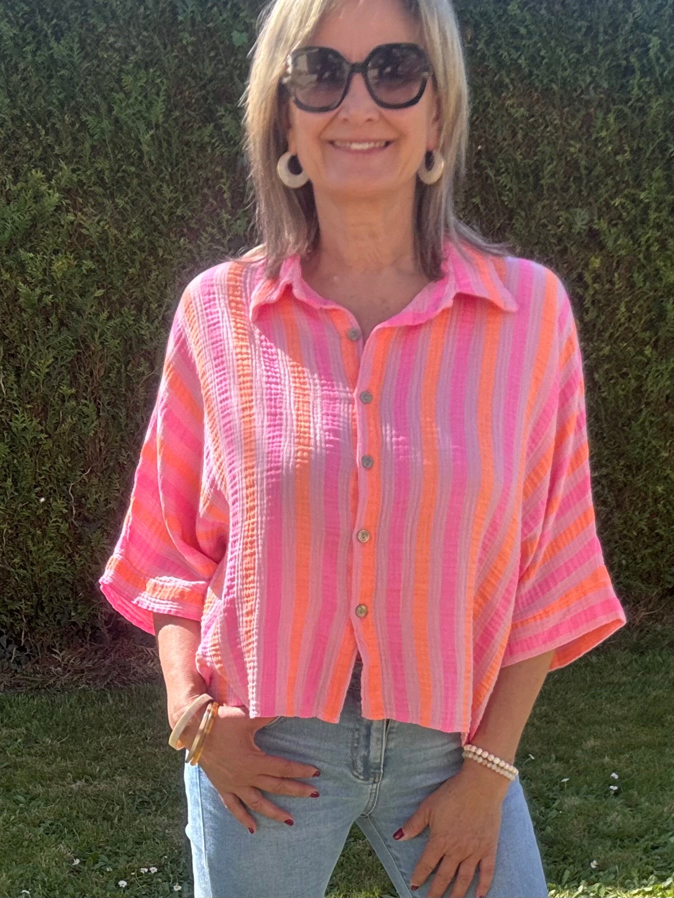 Chemise gaz de coton rayée rose