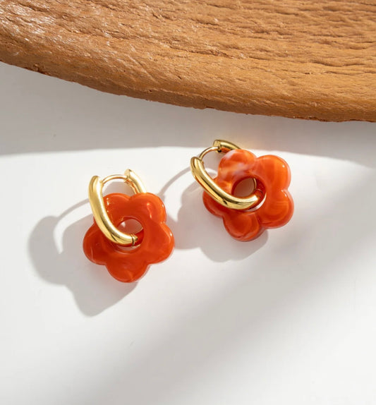 Boucles Acier inoxydable Fleurs Résine Orangé