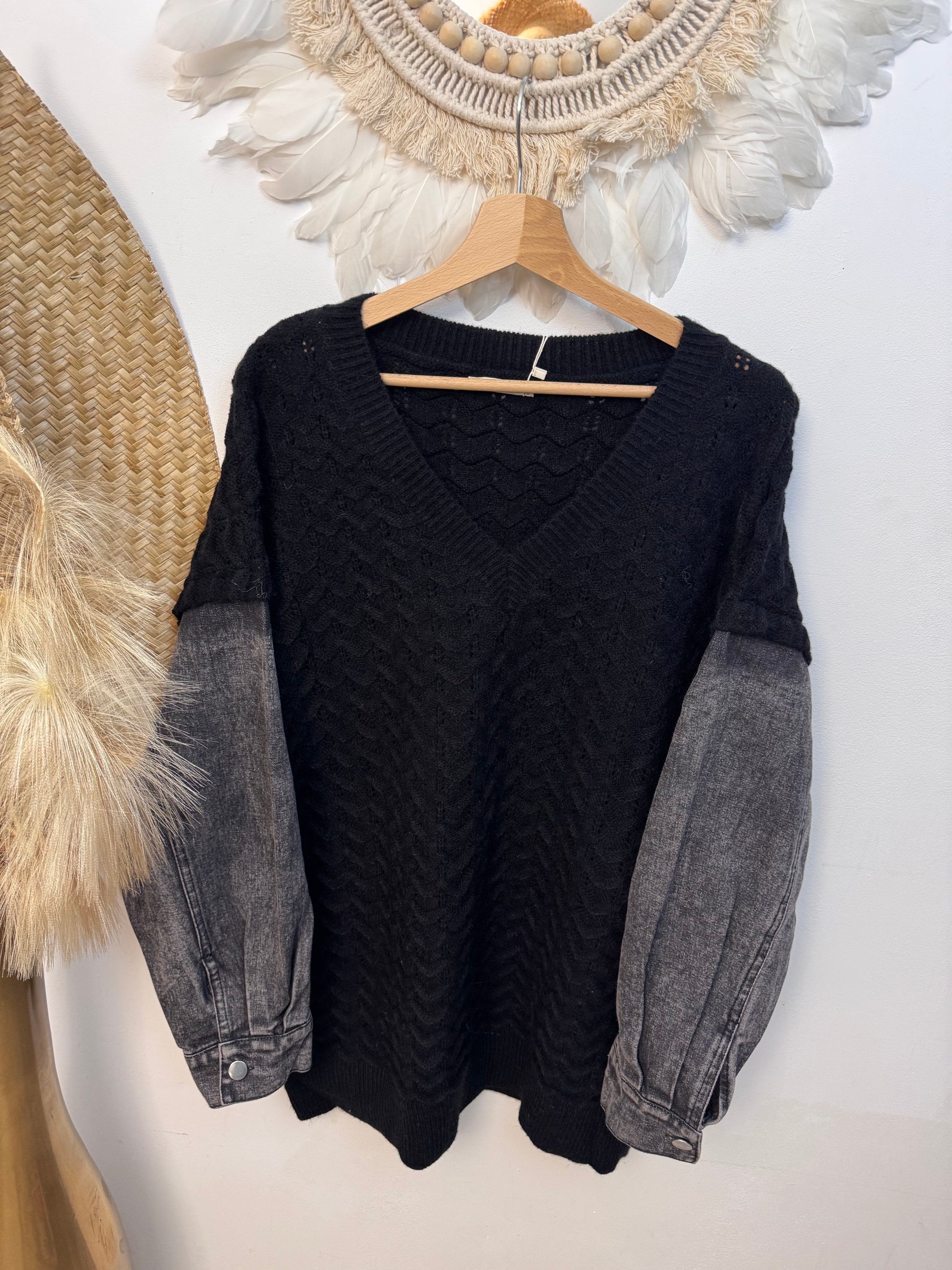 Pull noir manches jeans TU 44/50