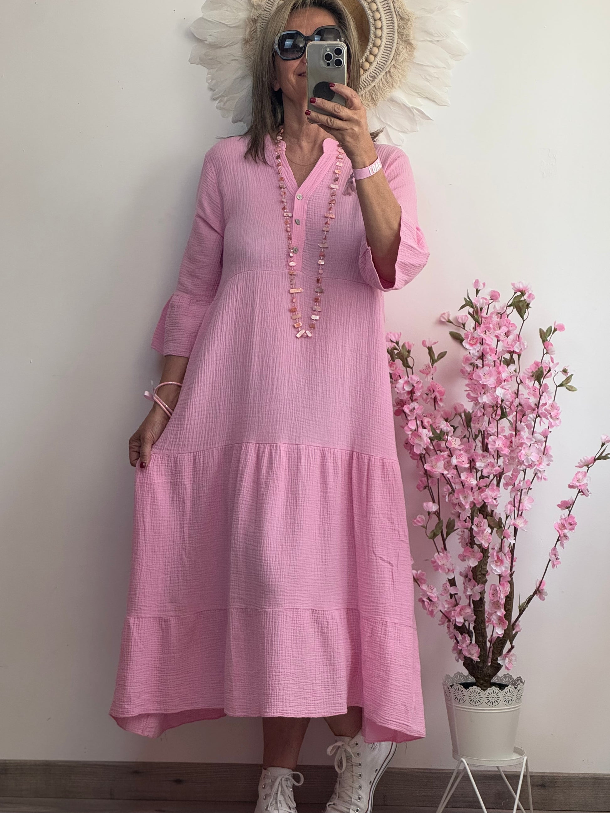 Robe longue gaz de coton rose bonbon