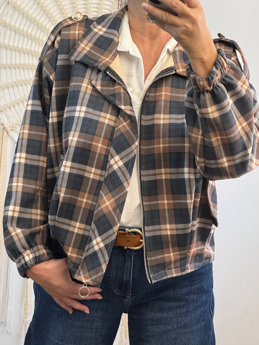 Blouson loose carreaux bleus