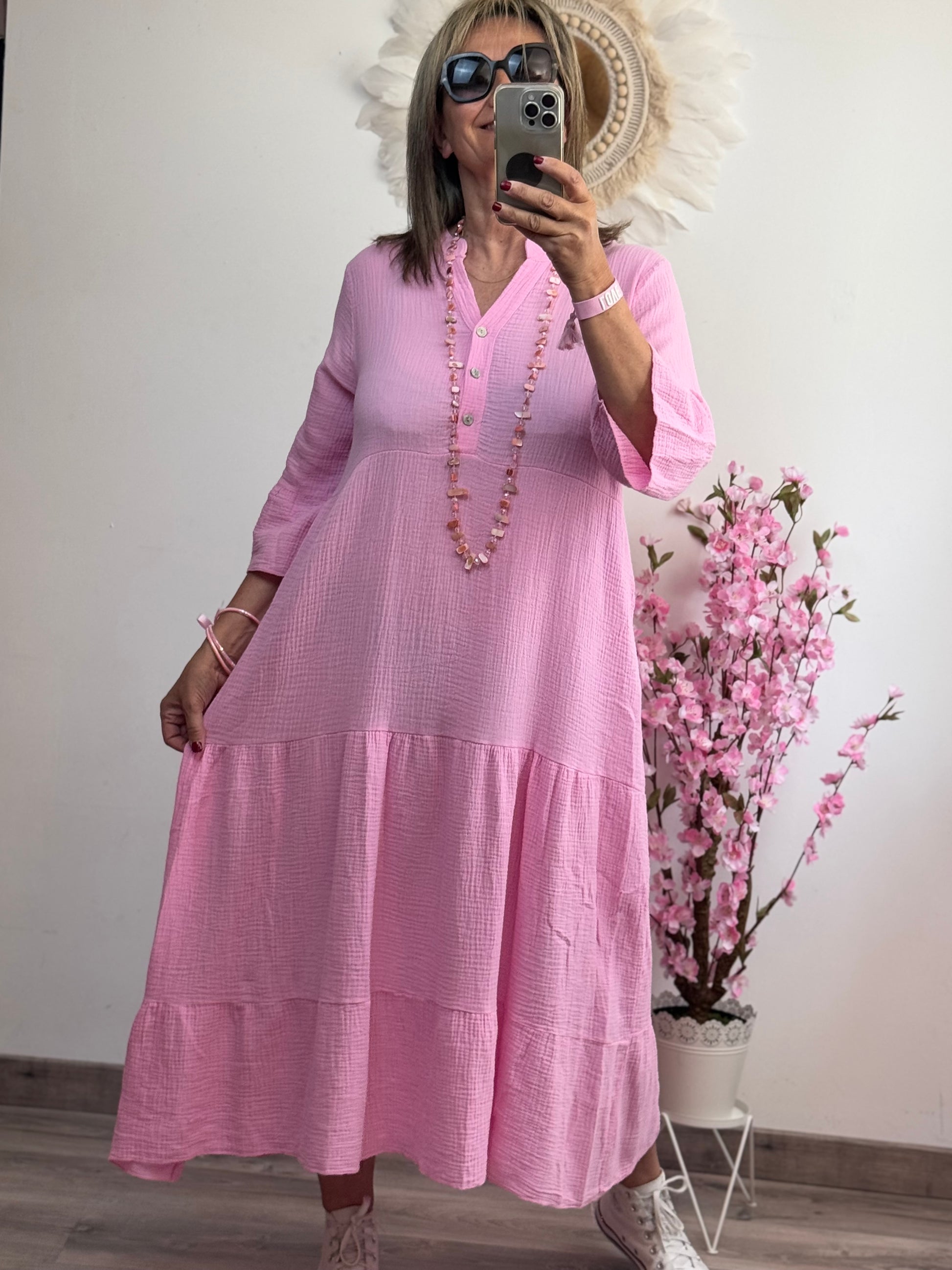 Robe longue gaz de coton rose bonbon