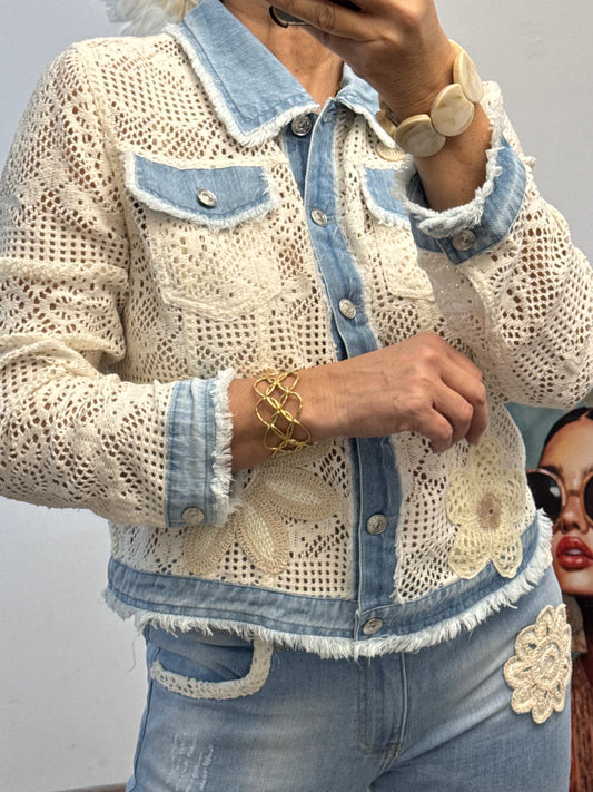 Veste jeans et crochet  crème