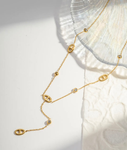 Collier en forme de Y Ovale & Strass en Acier Inoxydable Doré