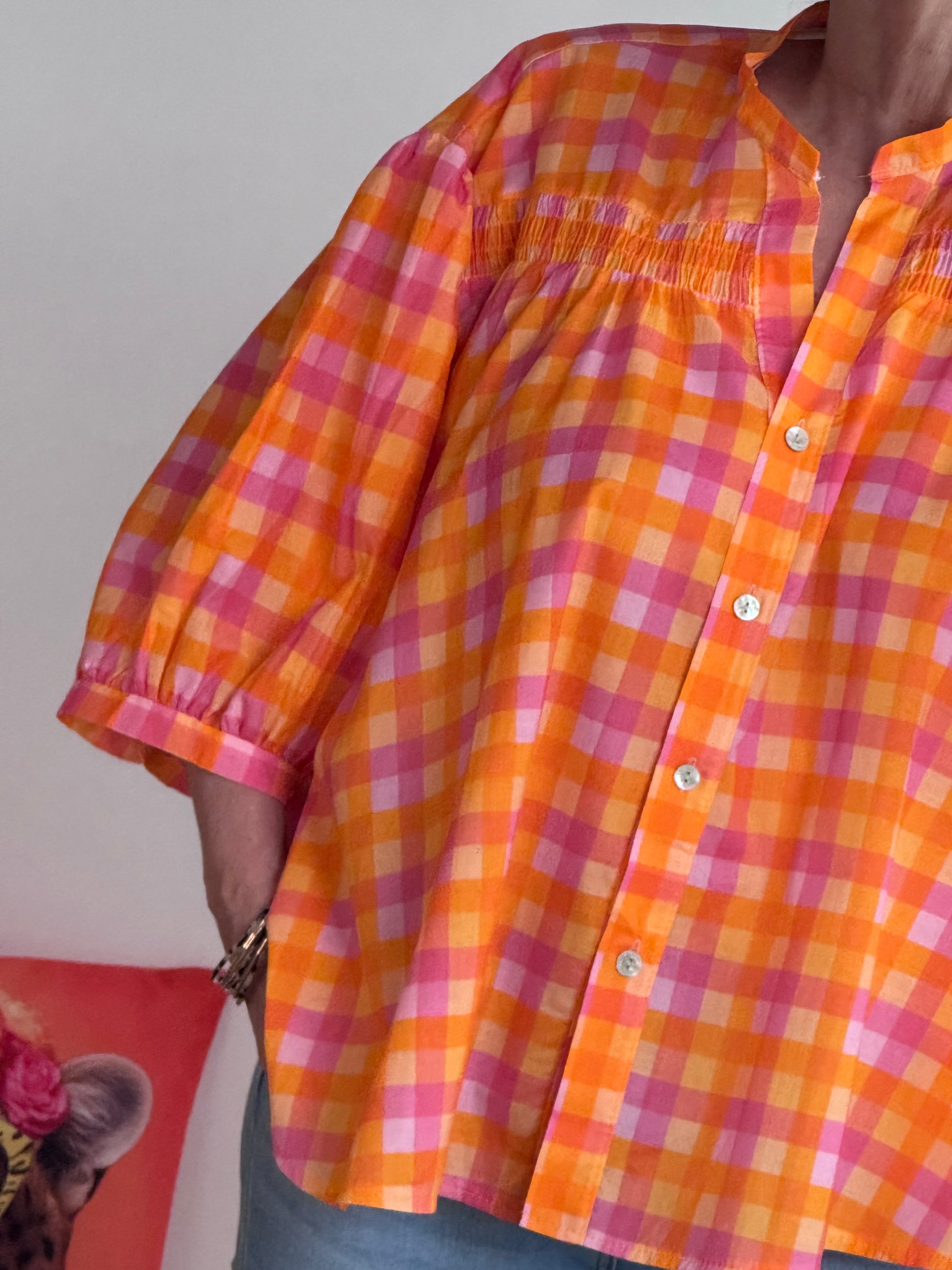 Chemise vichy orange et rose