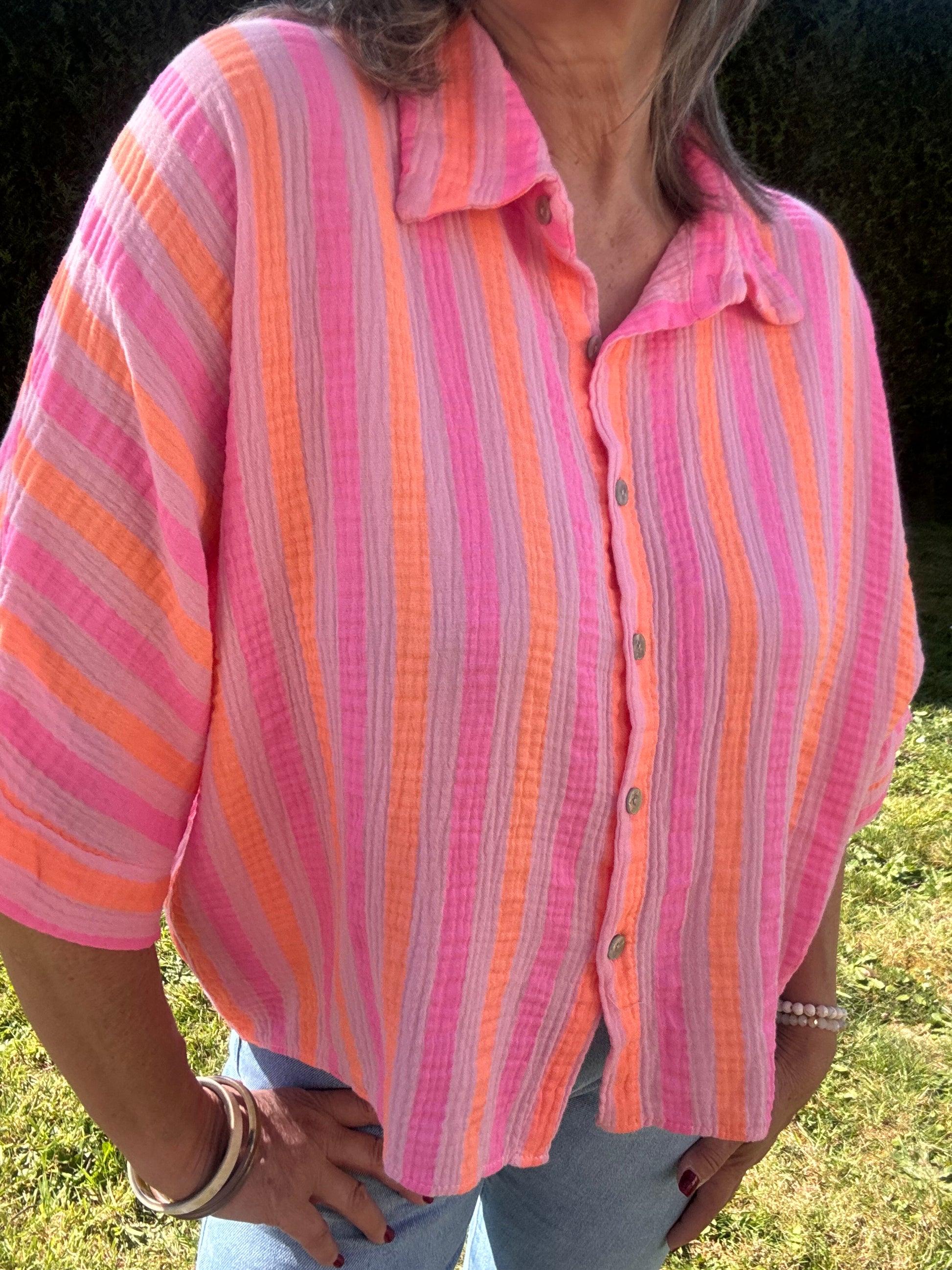 Chemise gaz de coton rayée rose