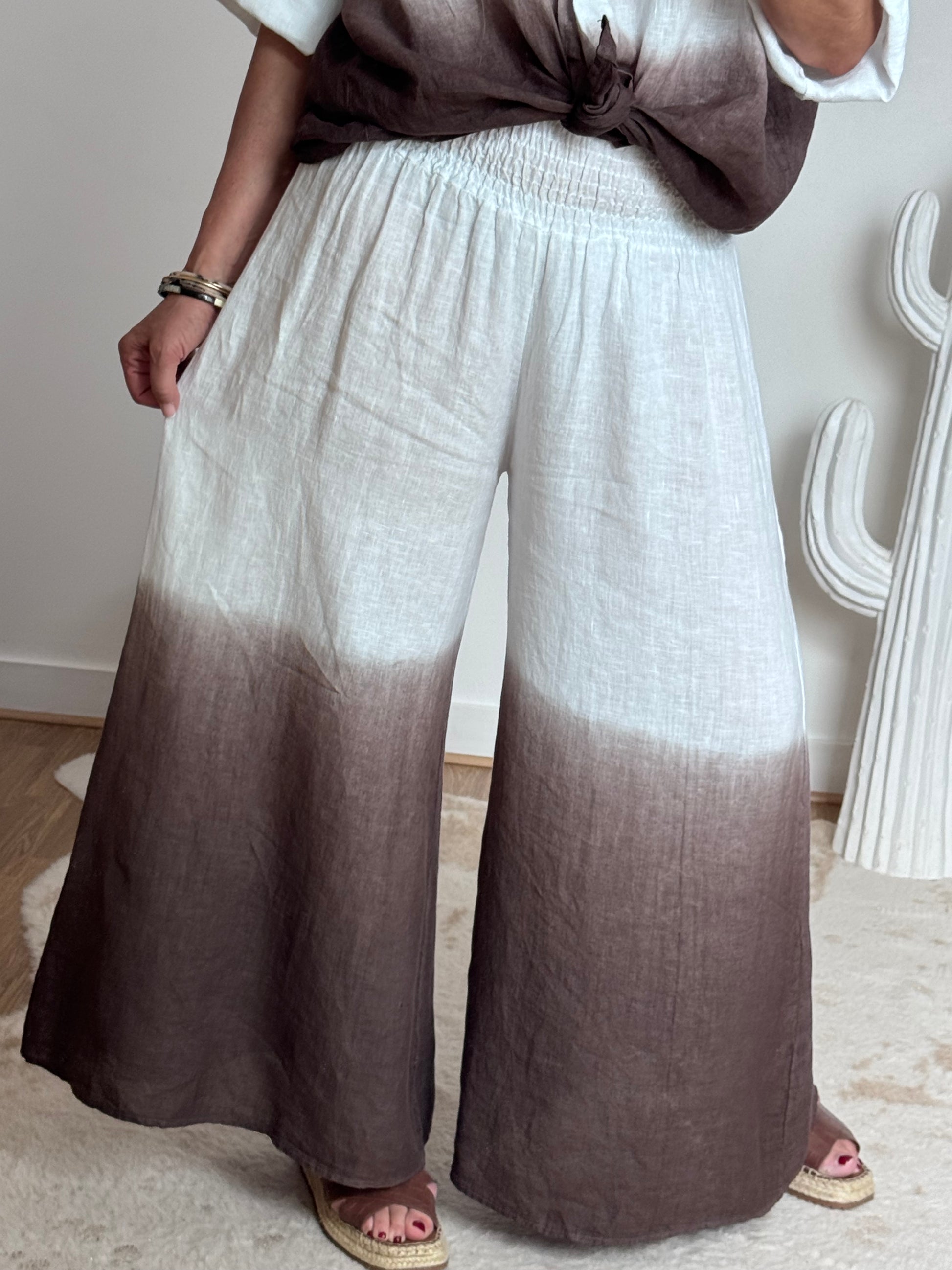 Pantalon palazzo Lin blanc et marron