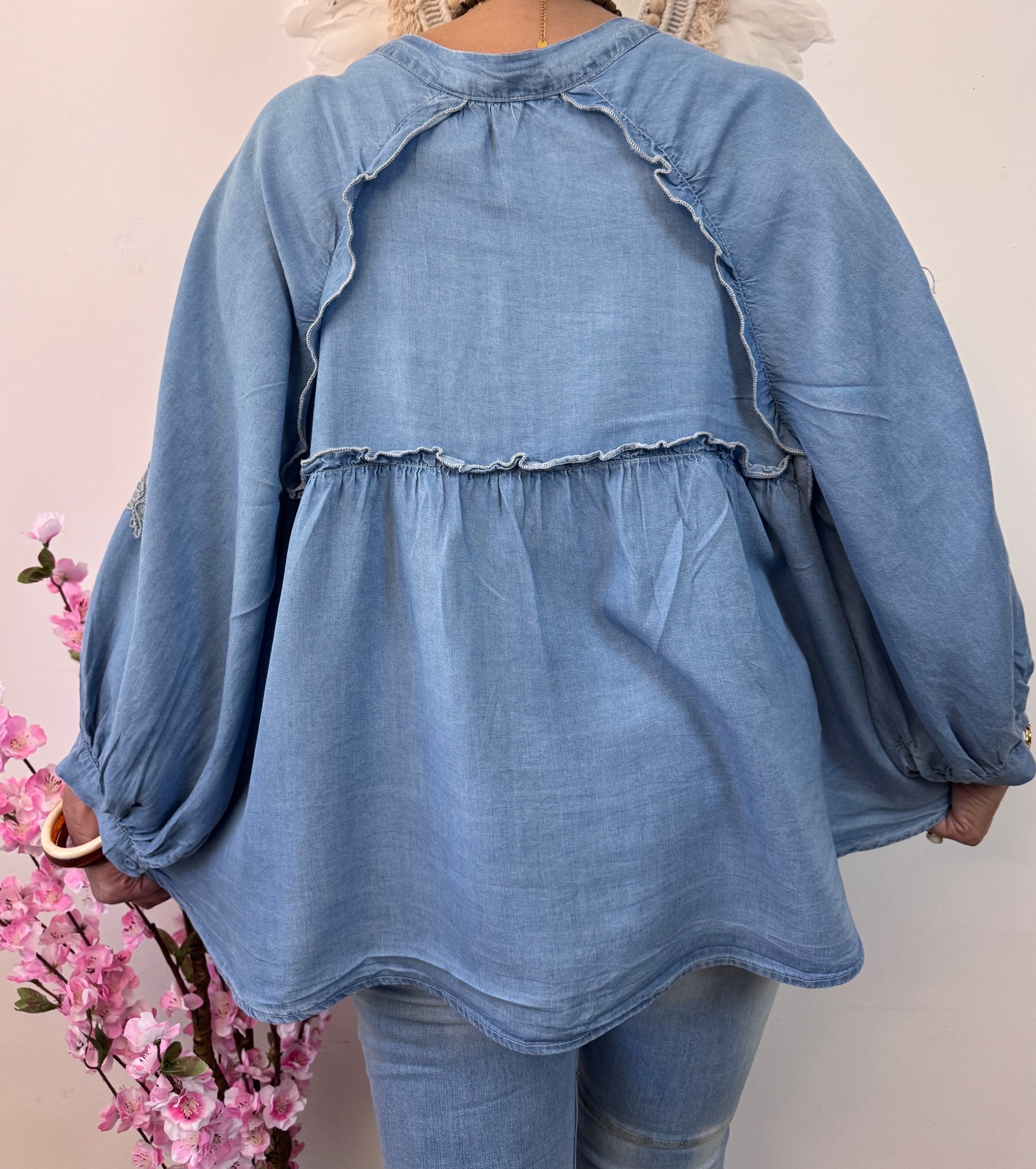 Blouse bohème bleu tencel  TU 44/50