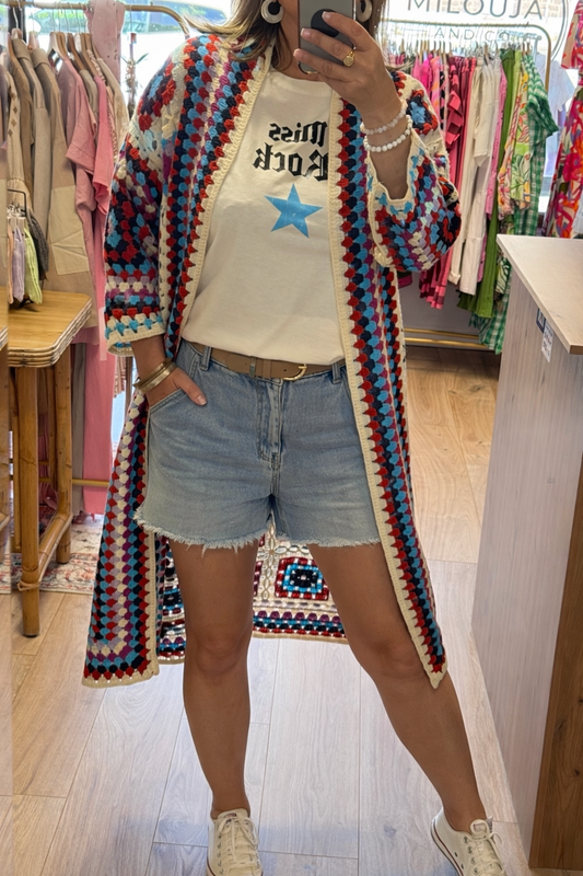 Veste longue crochet brique