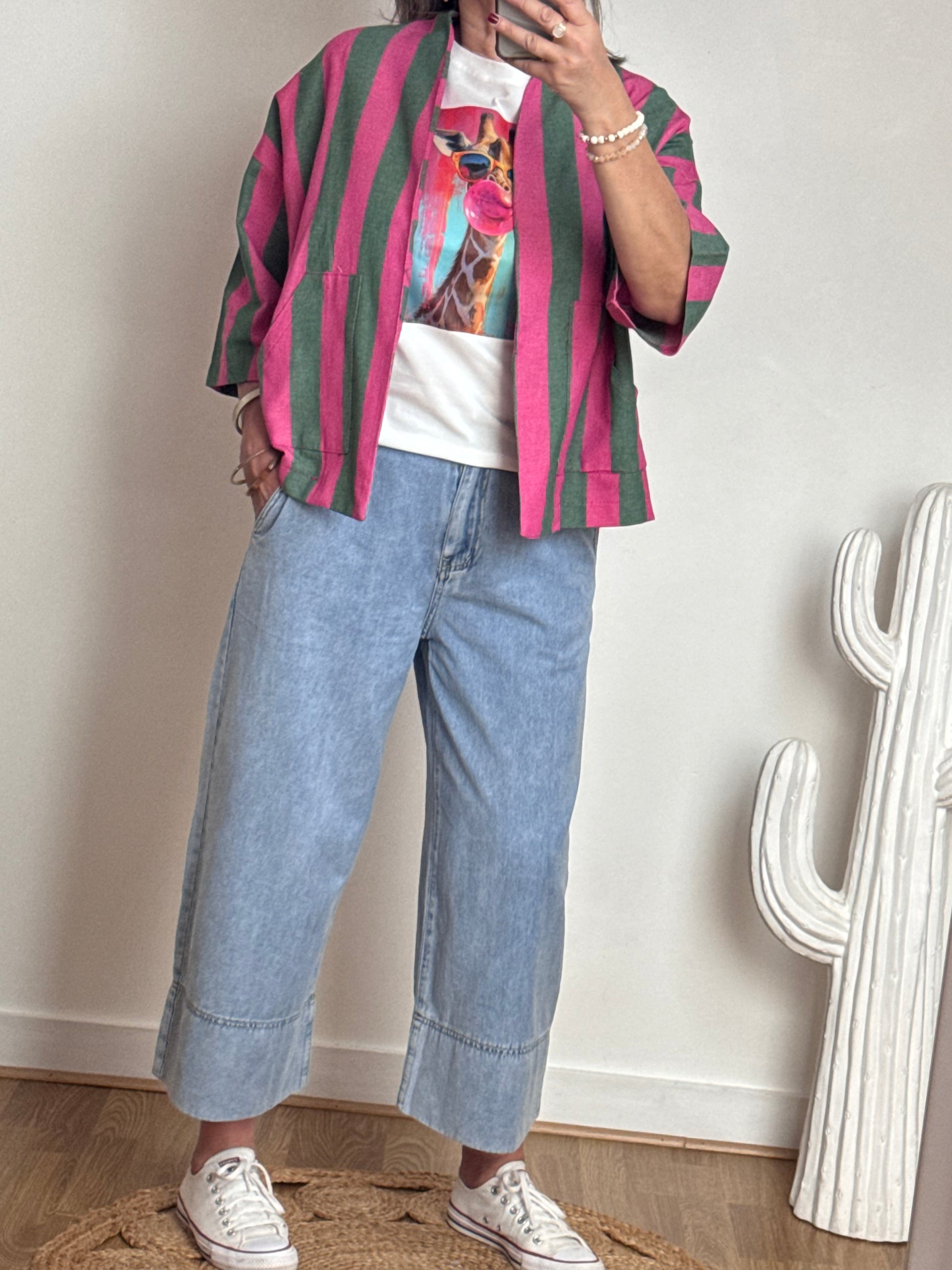 Veste kimono kaki et rose