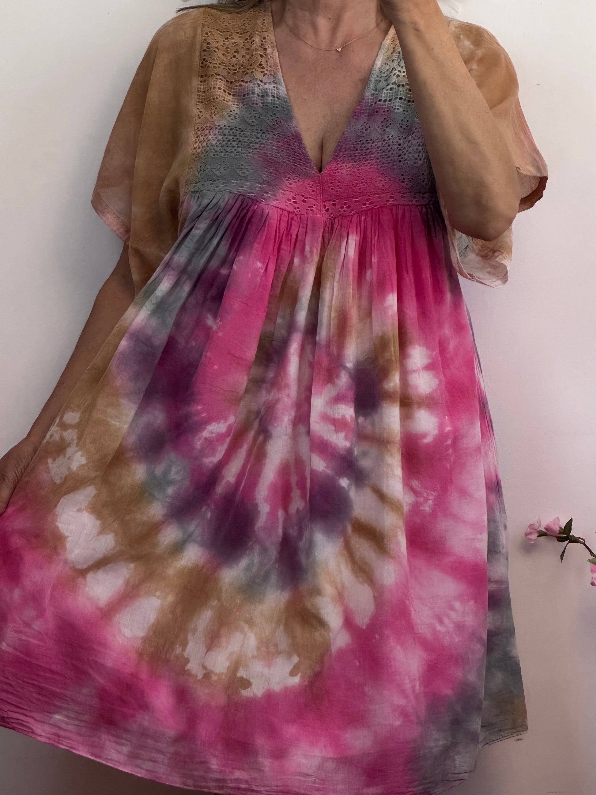 Robe voile de coton tie and dye rose et beige