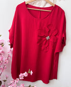 Blouse fleurs bijoux rouge vif TU 44/50