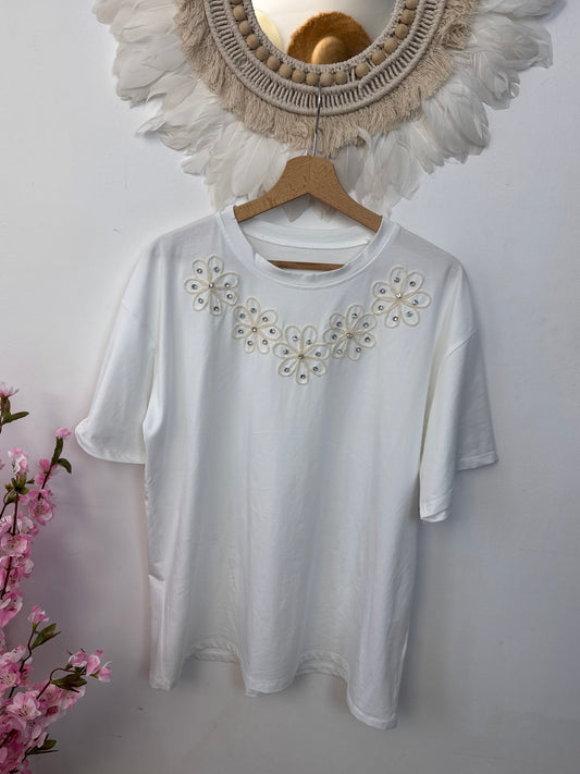 Teeshirt blanc broderie fleurs
