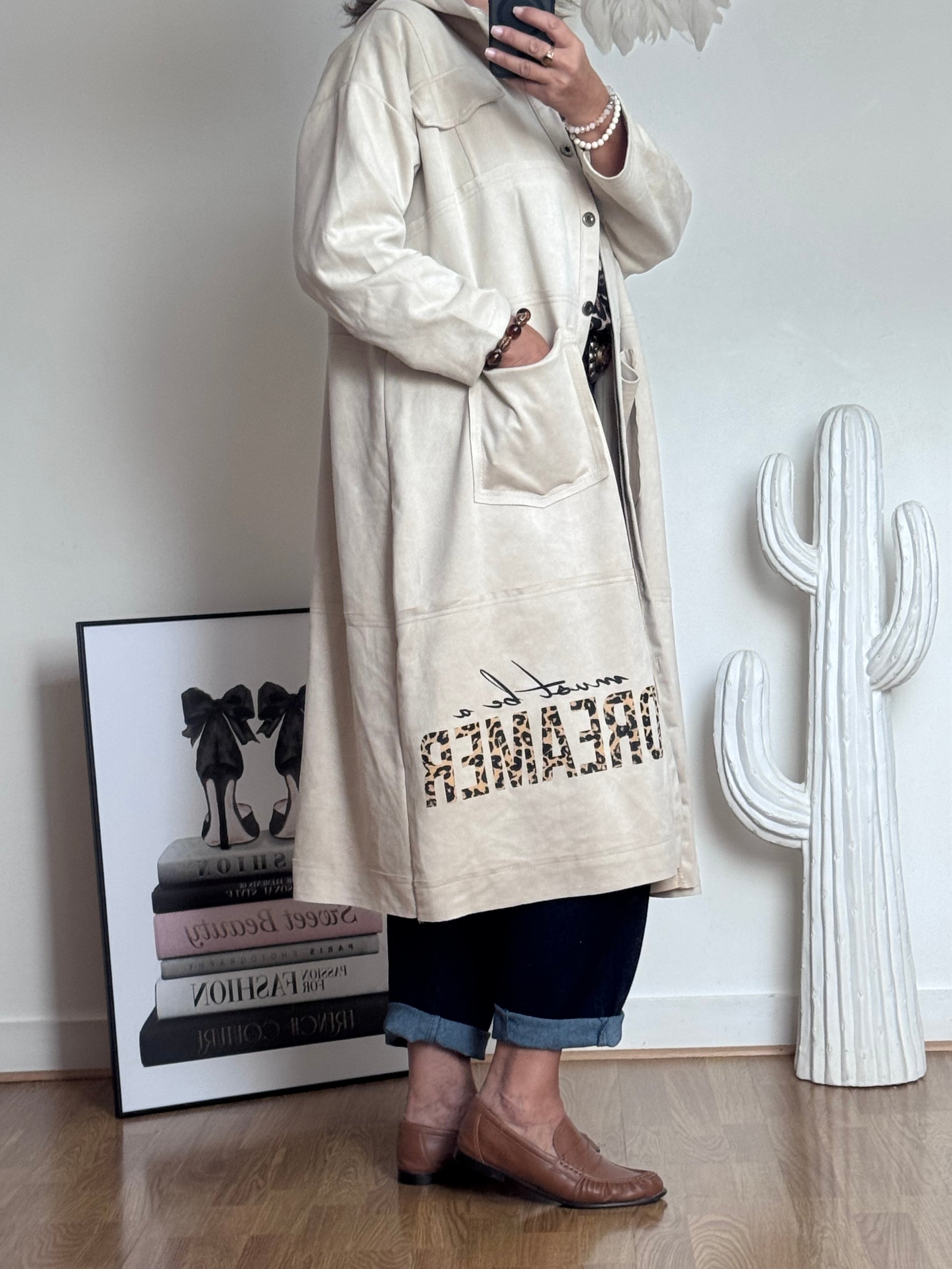 Veste longue suédine beige