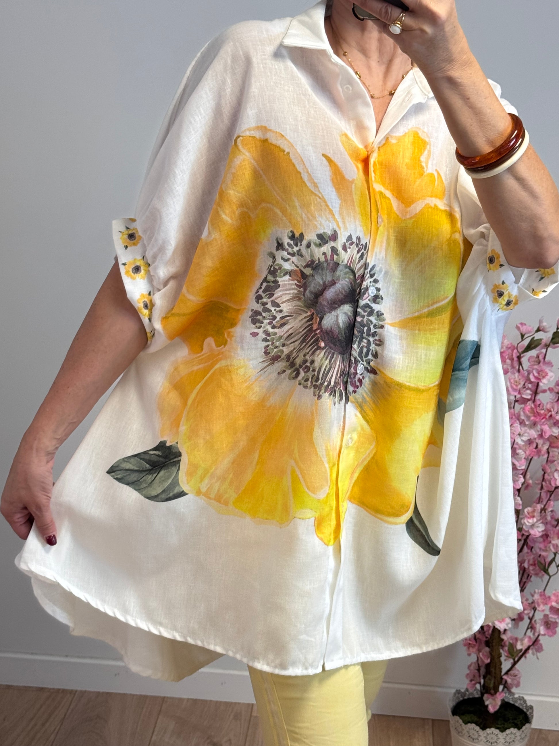 Chemise évasée fleurs jaune TU 38/46