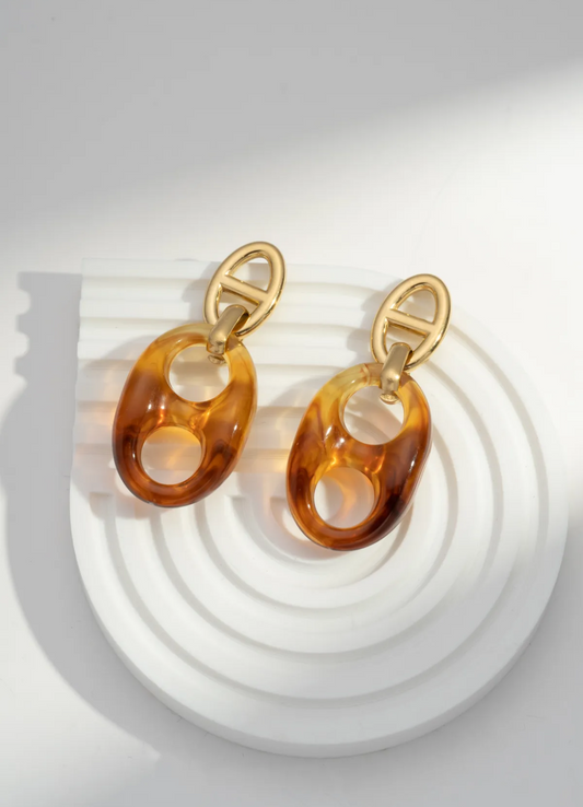 Boucles d’oreilles pendantes écaille ambre et maillon doré chic en acier inoxydable
