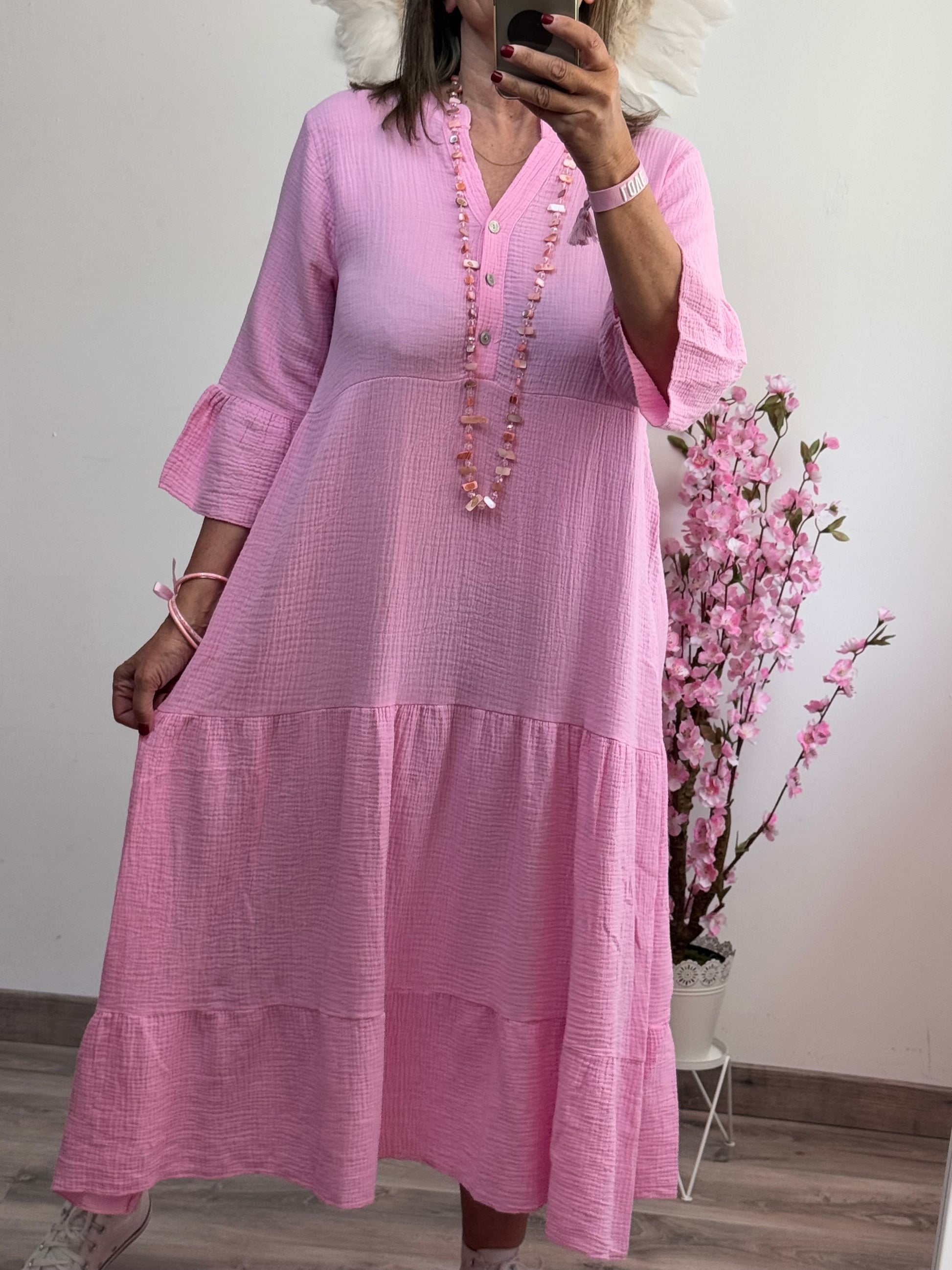Robe longue gaz de coton rose bonbon