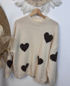 Pull crème cœurs marron