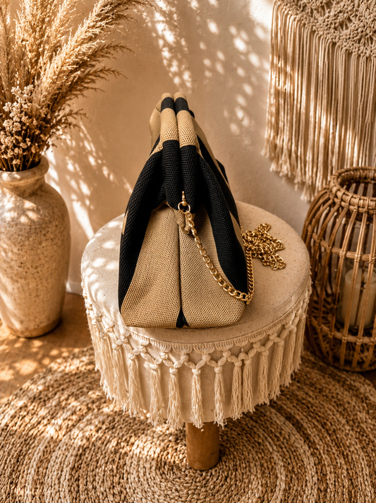 Sac rayé noir et beige