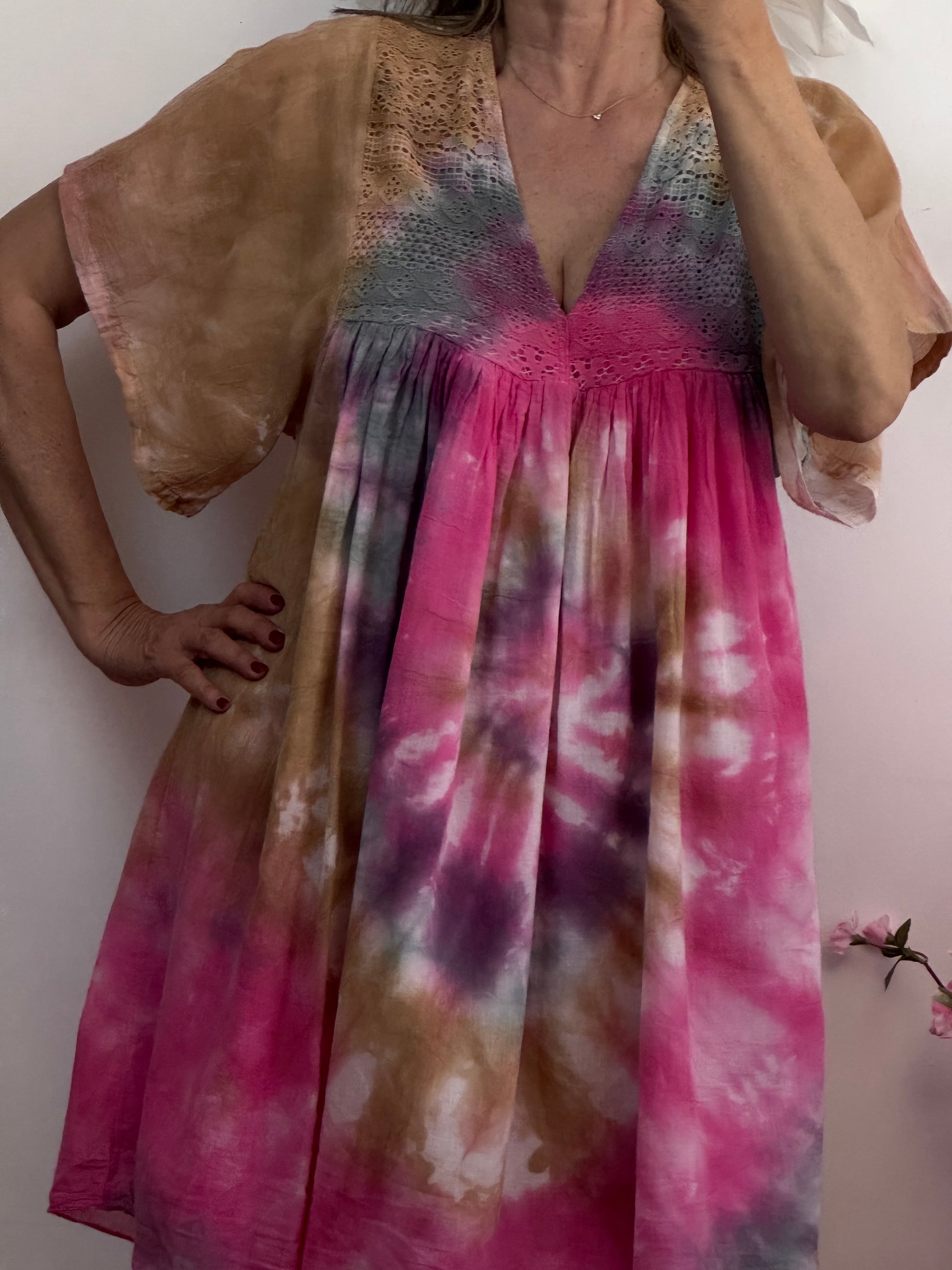 Robe voile de coton tie and dye rose et beige