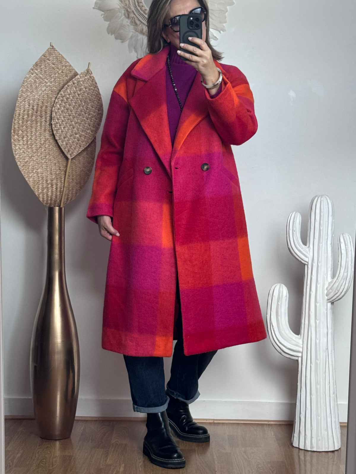 Manteau carreaux fuchsia