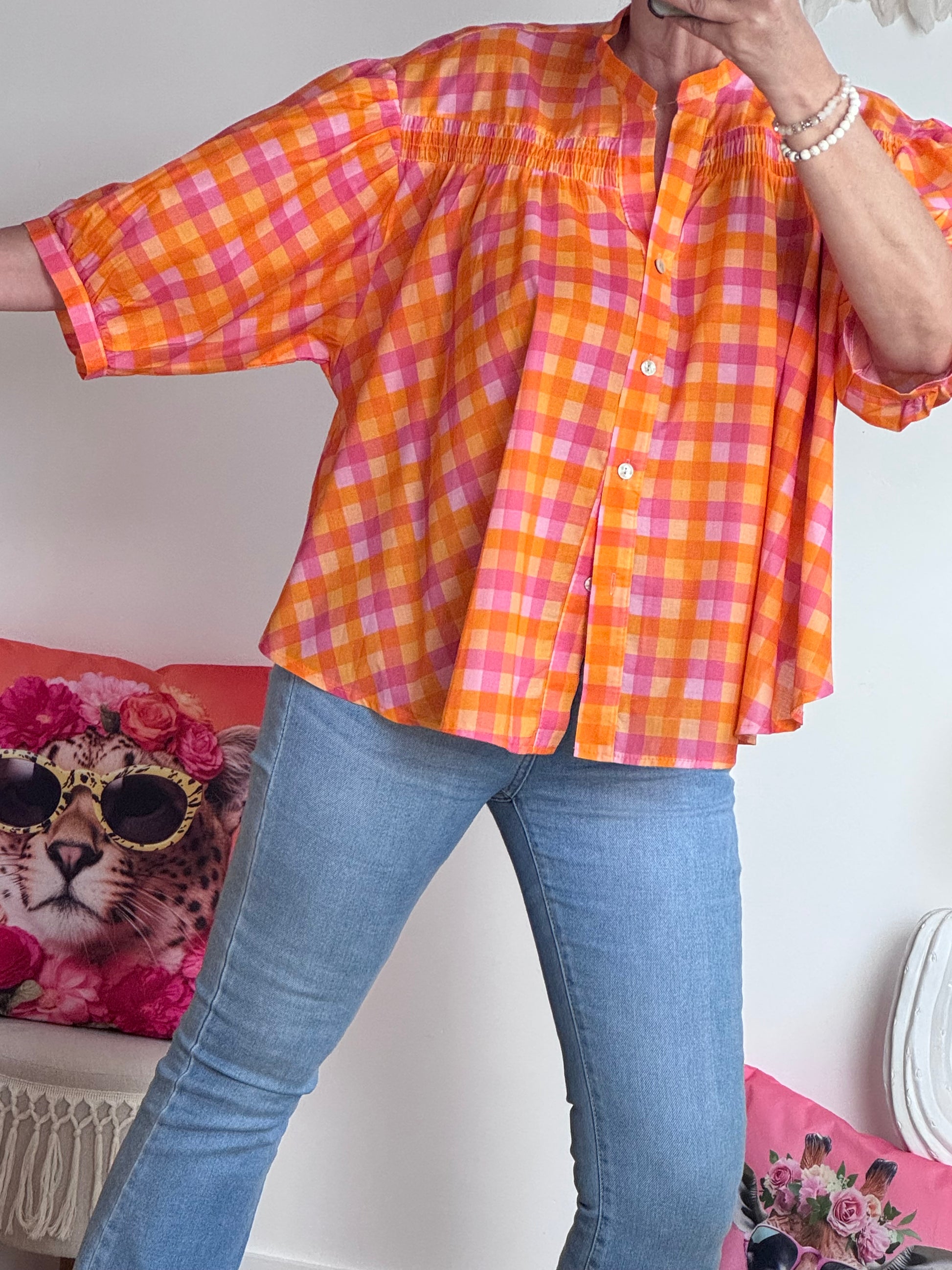 Chemise vichy orange et rose