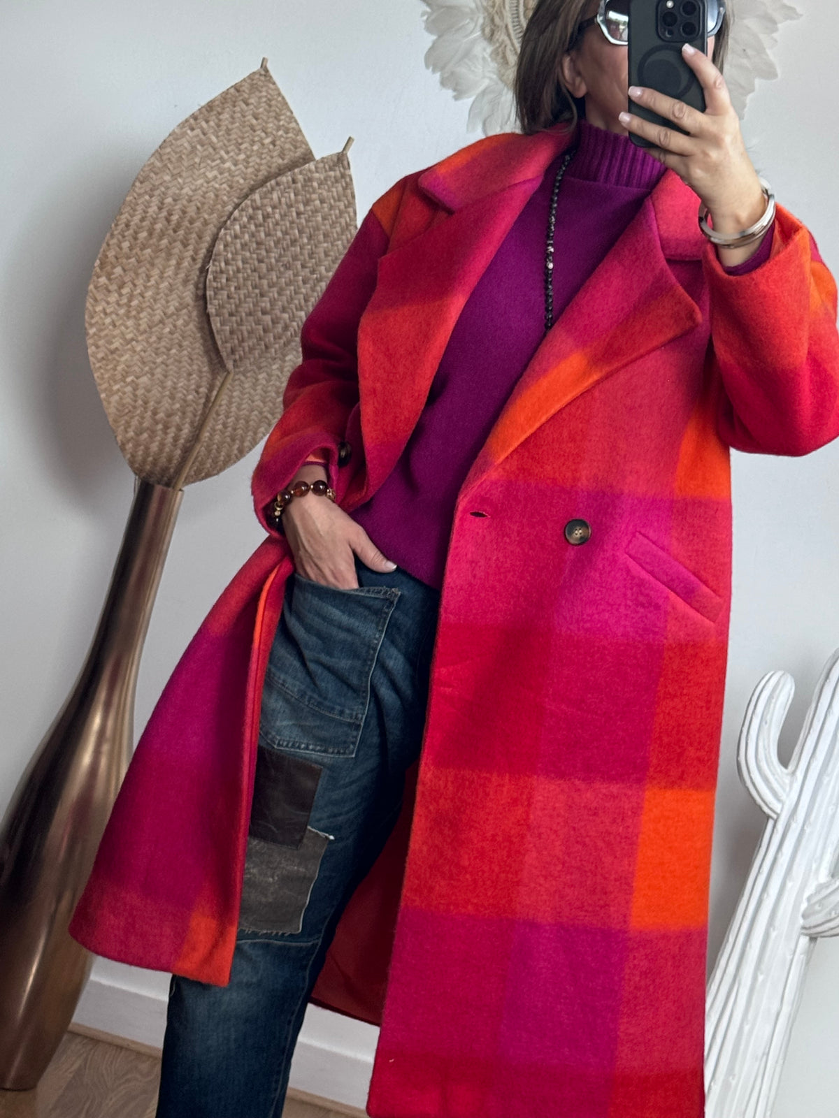 Manteau carreaux fuchsia