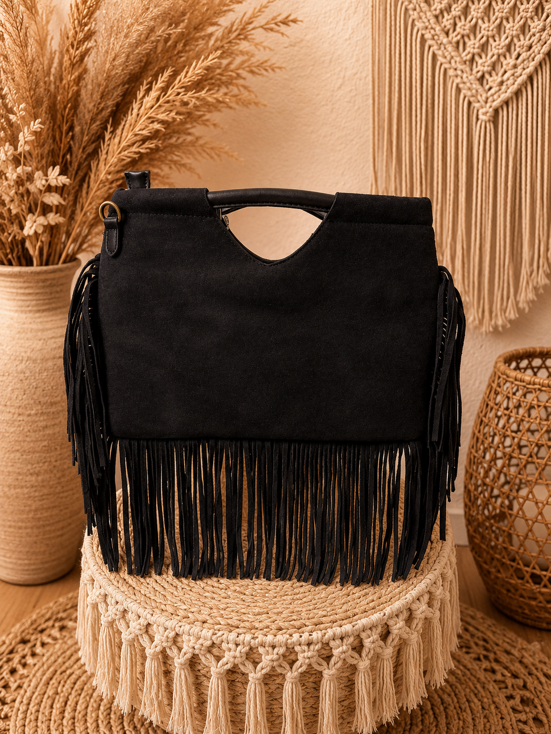 Sac bohème rivets franges noir
