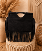 Sac bohème rivets franges noir