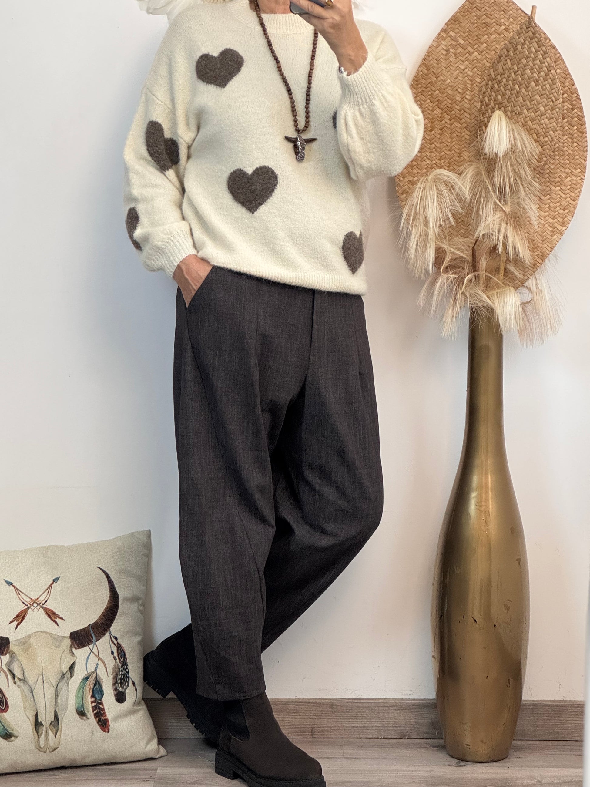 Pull crème cœurs marron