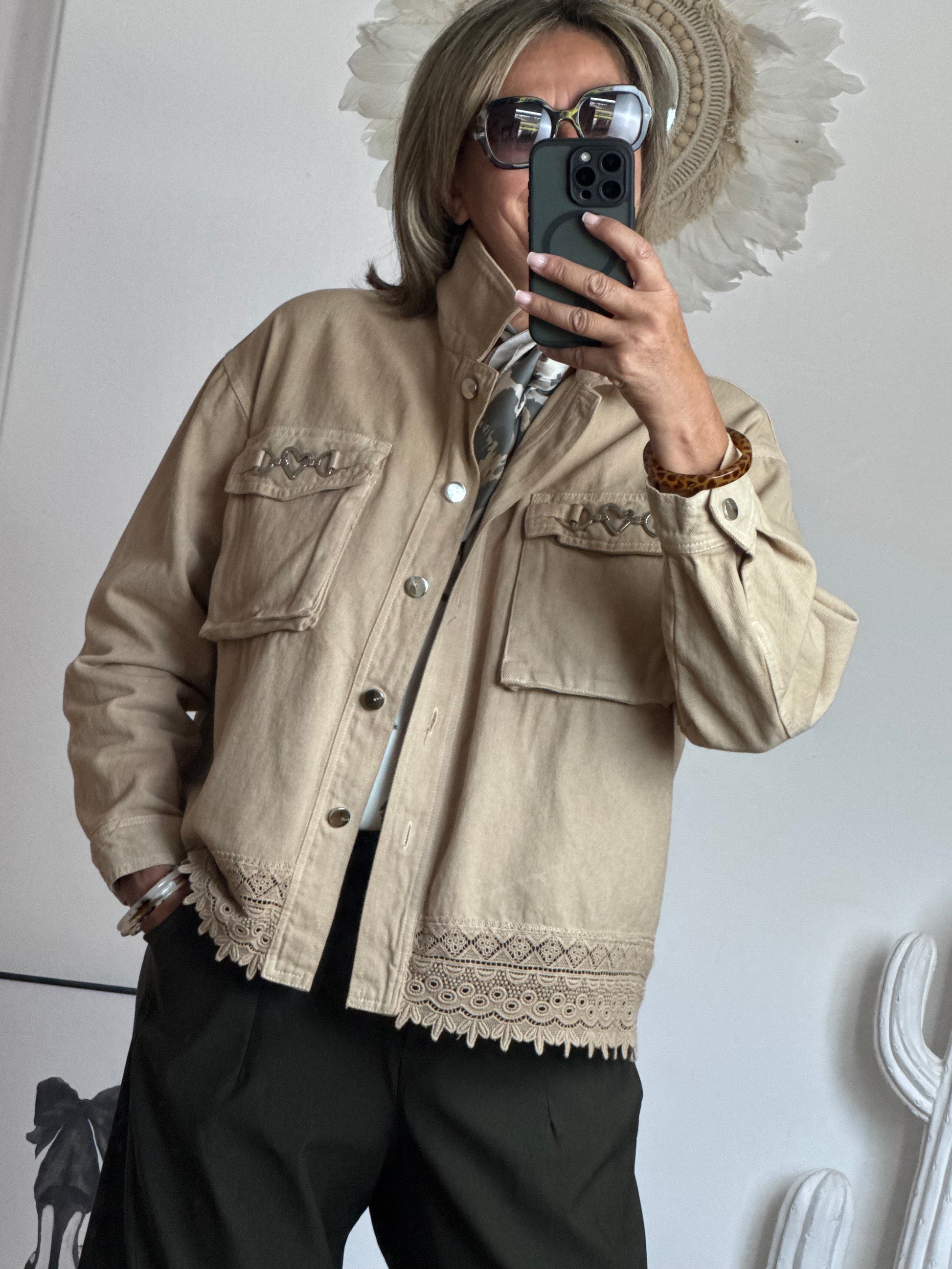 Veste jeans beige dentelle