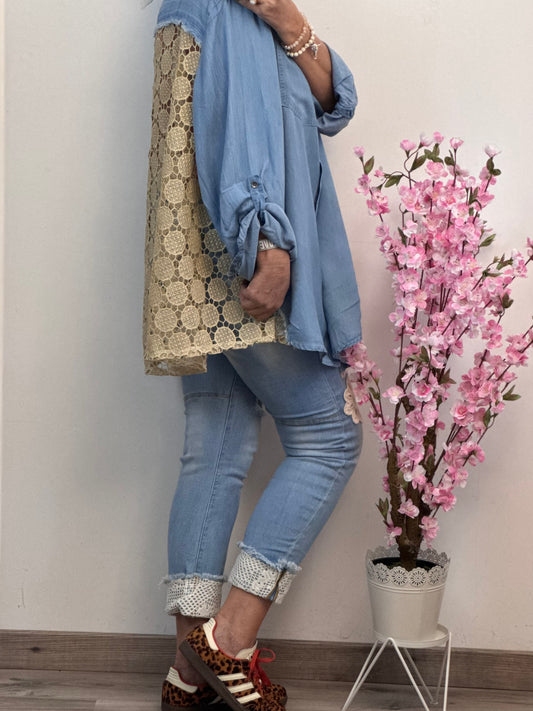 Chemise lyocell bleue dos lurex doré ajouré TU 42/50