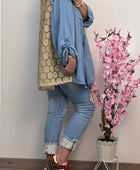 Chemise lyocell bleue dos lurex doré ajouré TU 42/50