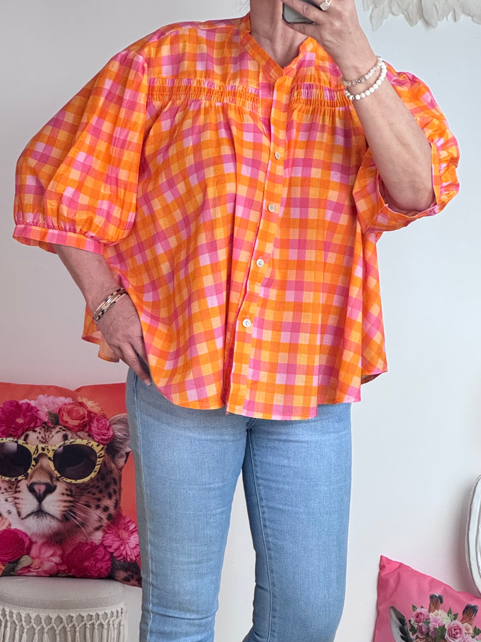 Chemise vichy orange et rose