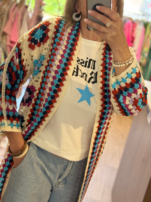 Veste longue crochet brique